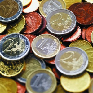 Close-up of euro coins of various denominations